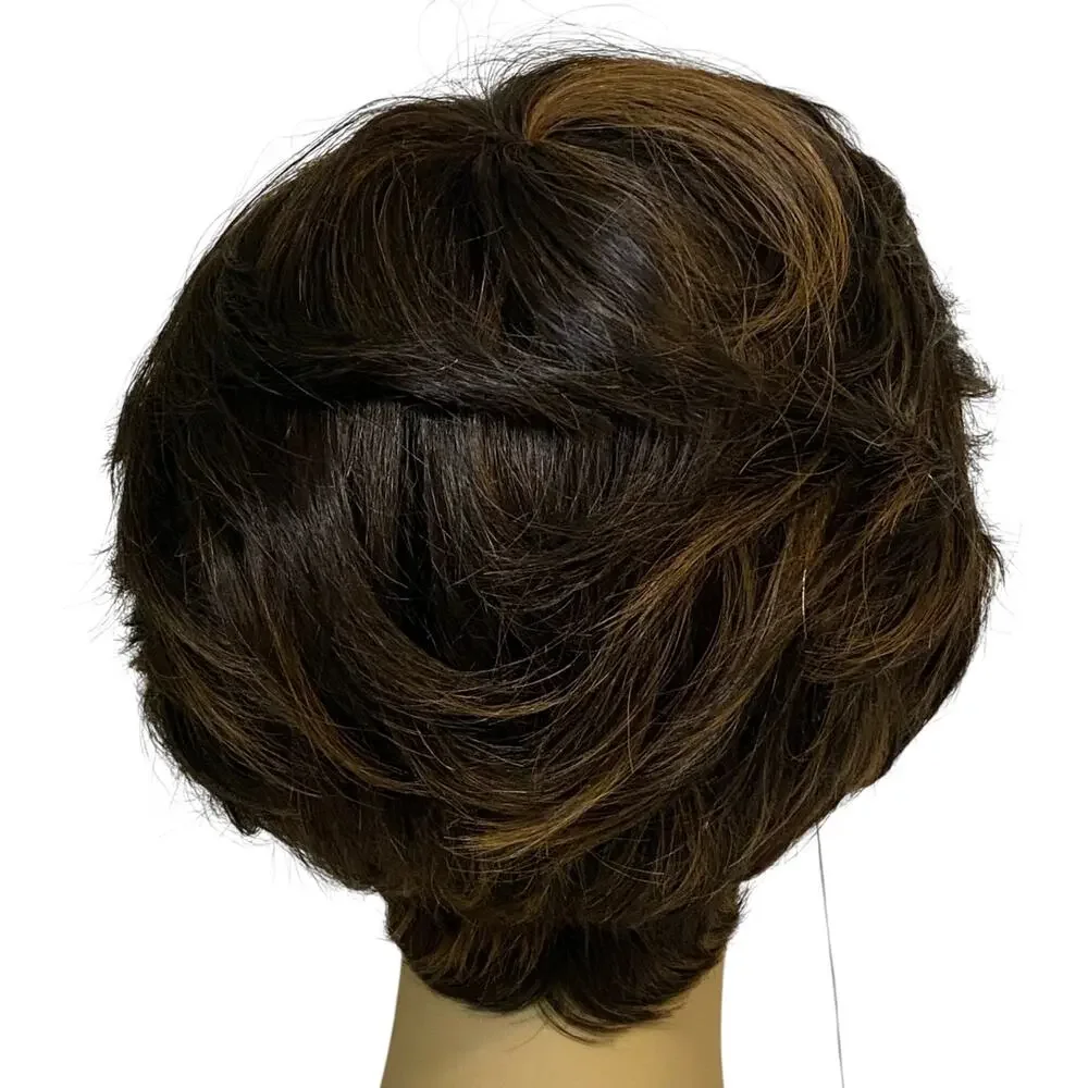 Human Hair Blend Wig Dk Brown Copper Frost Short Layered Pixie for Women A835W4 - Picture 6 of 9